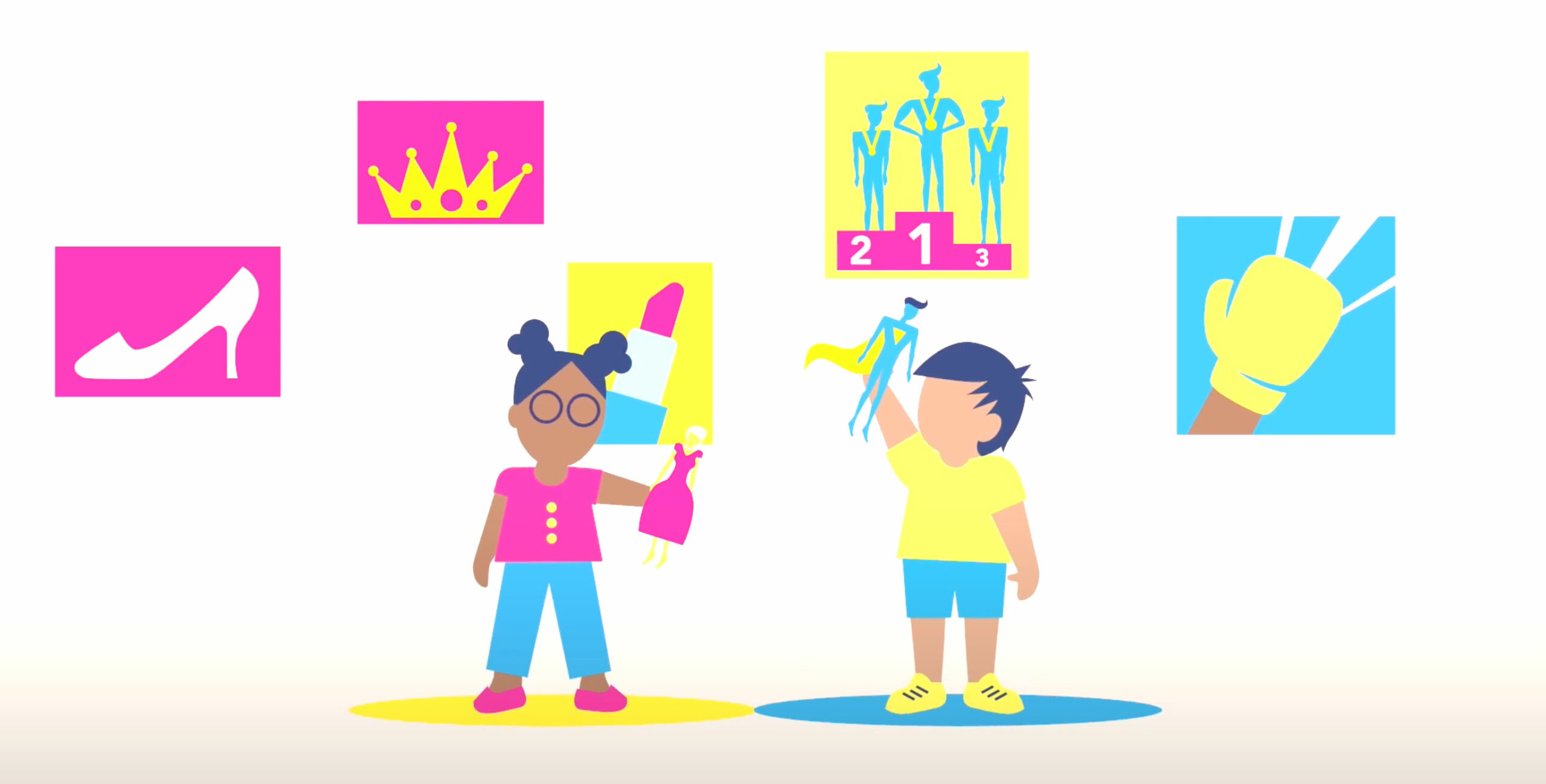 Two children standing in front of traditionally gendered pictures; the girl is playing with a doll in a dress and standing in front of a picture of lipstick, another of a crown, and a third of a high heel shoe; the boy is plyaing with a super hero doll and standing in front of an image of a boxing glove plus another of masculine athletes on a podium