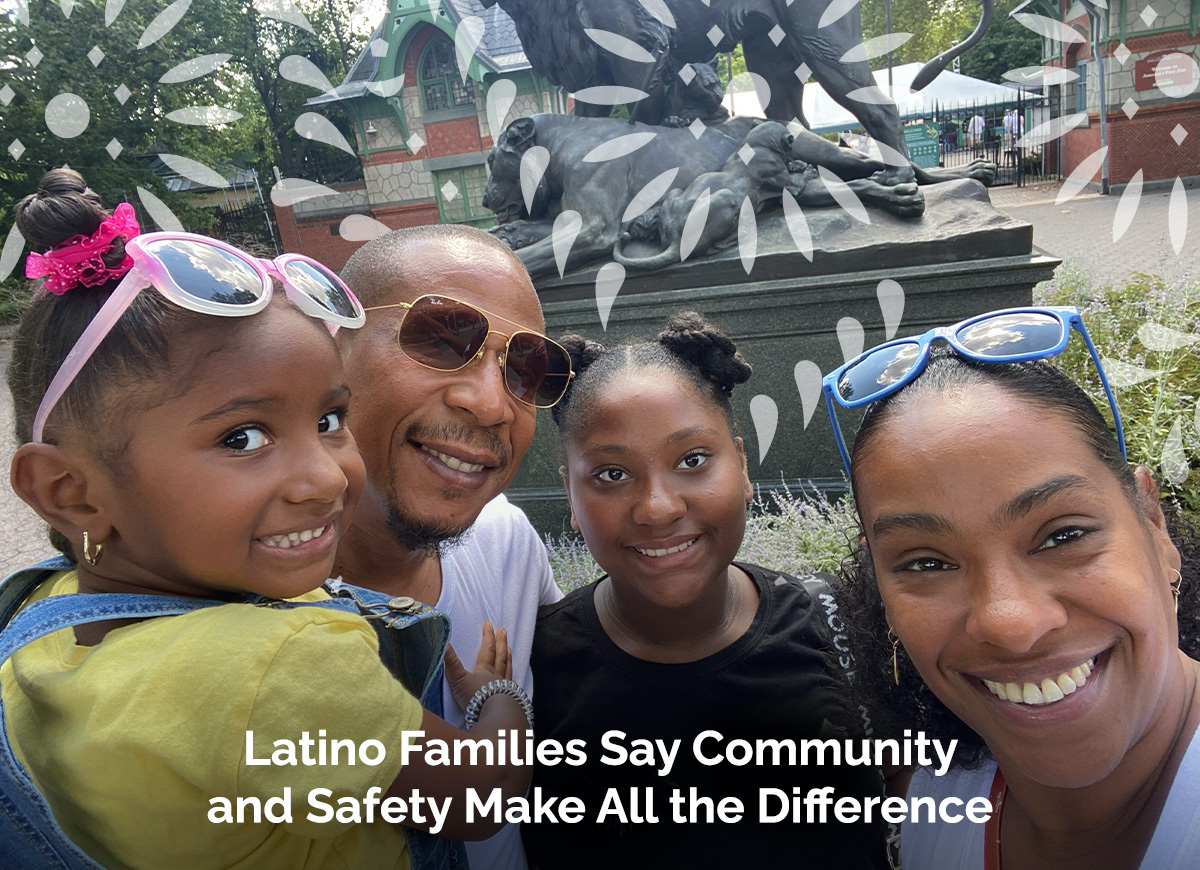Photo of parents with two daughters with text about Latino Family Report