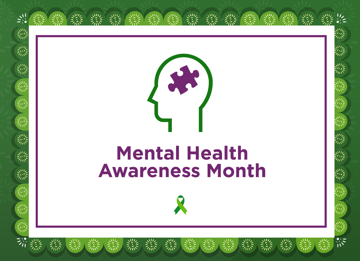a green outline of a head with a purple puzzle piece above words that say "Mental Health Awareness Month" and a green ribbon on the bottom