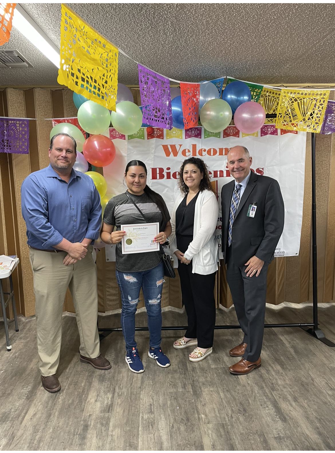 Pictured: Angélica Rodríguez Granados with Principal Matt Diggle, Director Linda Ledesma, and School Superintendent Tom Rooney