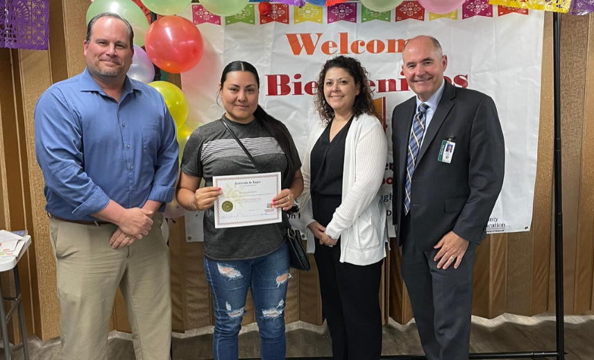 Pictured: Angélica Rodríguez Granados with Principal Matt Diggle, Director Linda Ledesma, and School Superintendent Tom Rooney